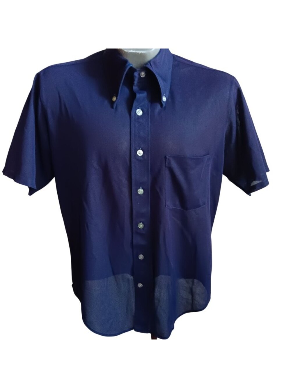 Vintage 16.5 Towncraft Mens Short Sleeve Button-Up Oxford Shirt Navy Blue Mesh